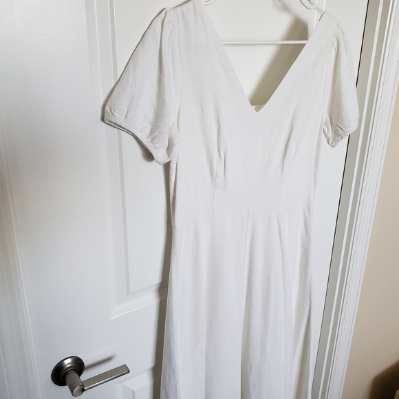 (Tall) NWT Gap White V-Neck Linen Puff-Sleeved Midi Dress - Picture 8 of 15